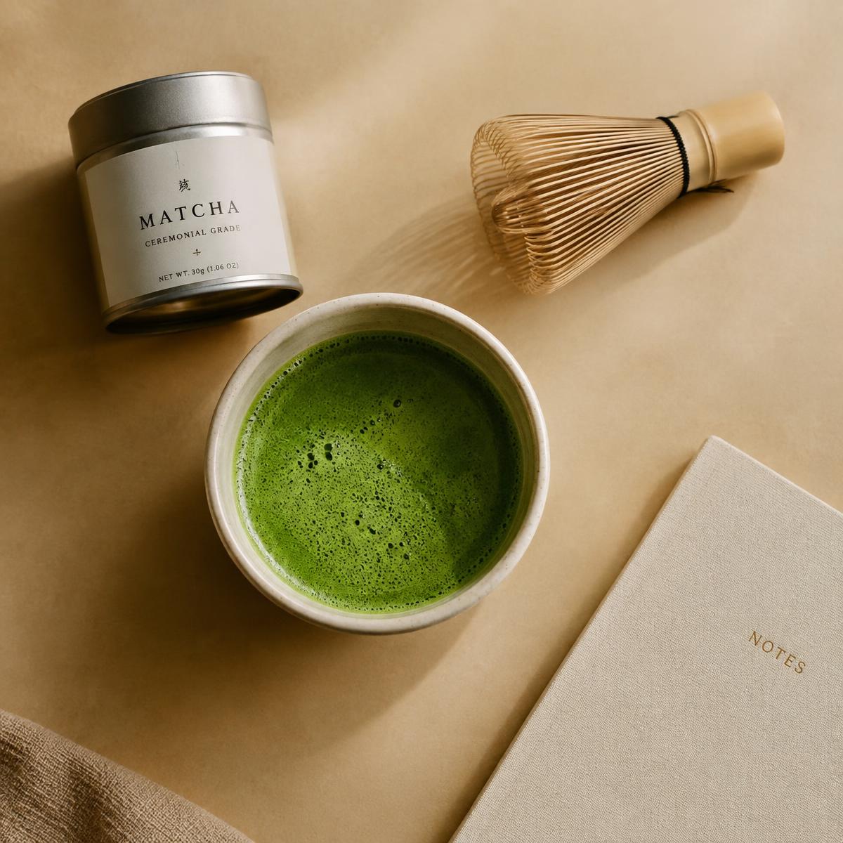 Matcha tin, bamboo whisk and a ceramic bowl of matcha on a beige table