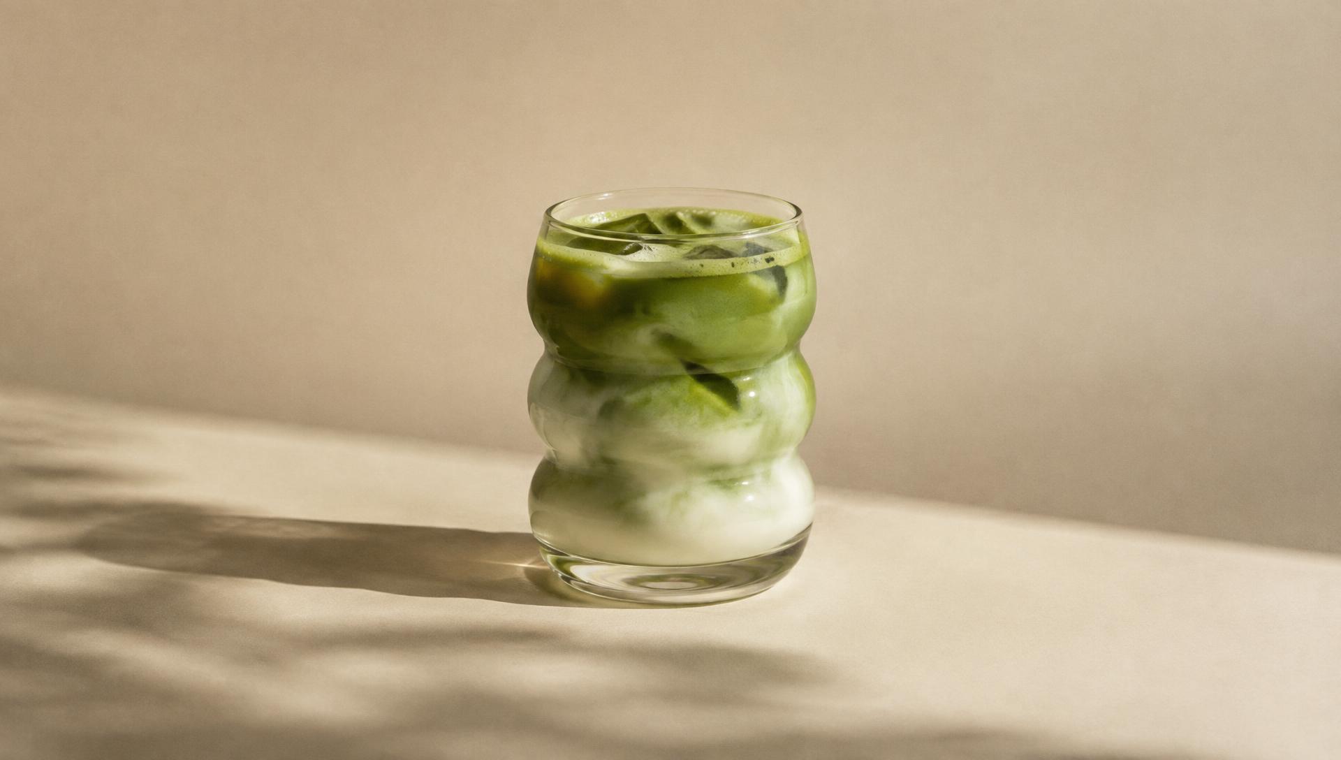 Sculptural glass of matcha latte with a long soft shadow on a cream background