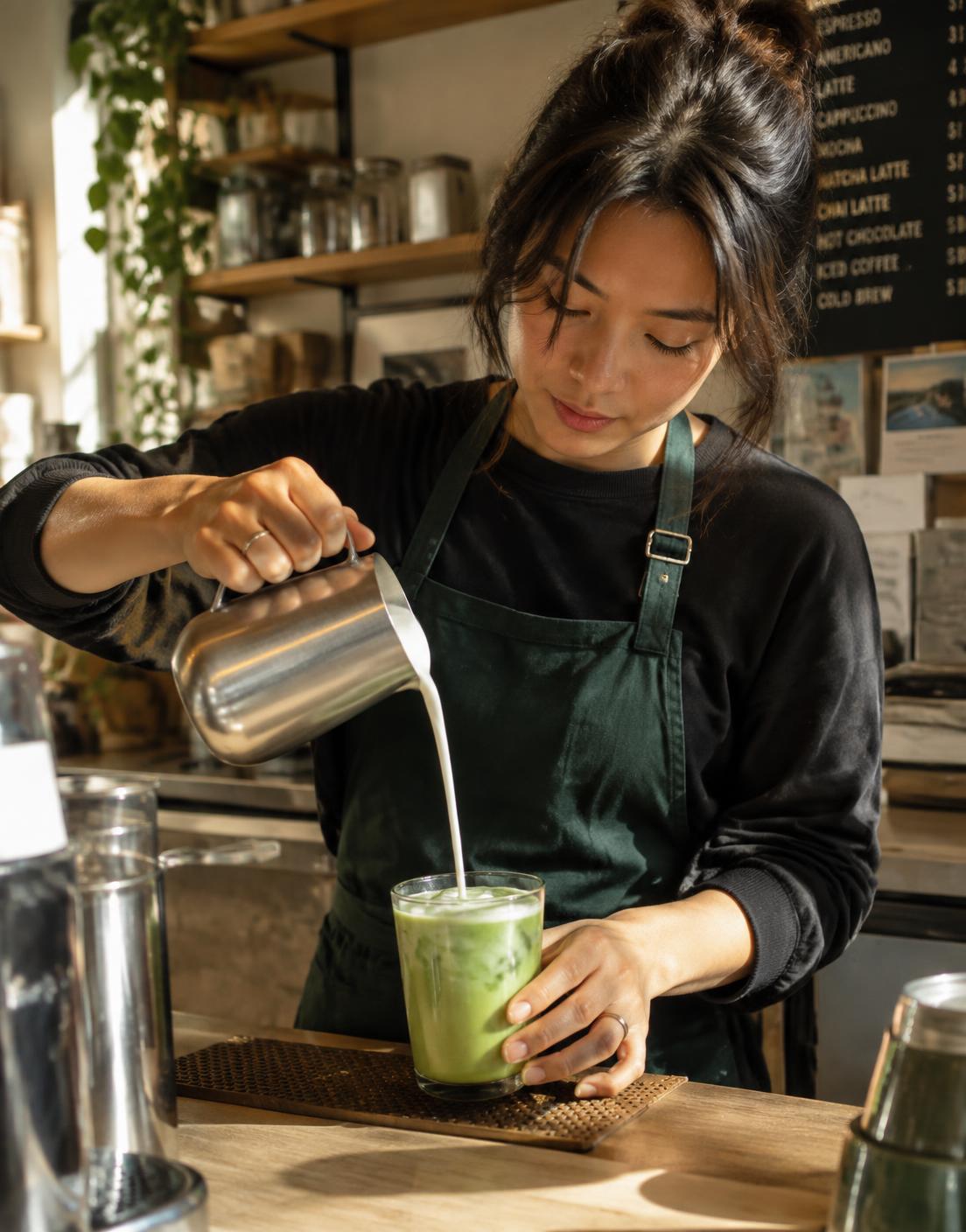 Barista pouring milk into a glass of matcha